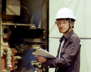 Manual worker wearing hardhat while working in factory