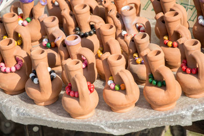 High angle view of earthenware for sale at market