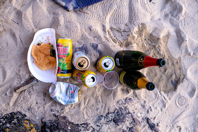 High angle view of plastic bottle on sand