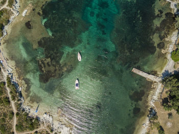 High angle view of boats swimming on sea during sunny day