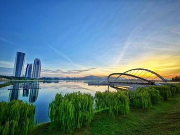 Scenic view of lake against sky during sunset