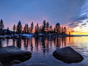 Lake tahoe during snowy sunset