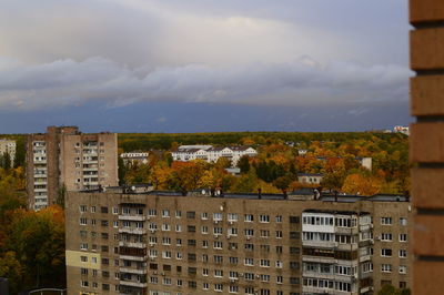 High angle view of buildings against sky