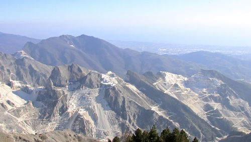 High angle view of snowcapped mountains against sky