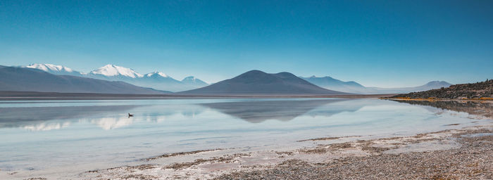 Panoramic view of lake and mountains against clear blue sky during winter