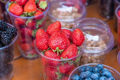 Close-up of strawberries in glass bowl