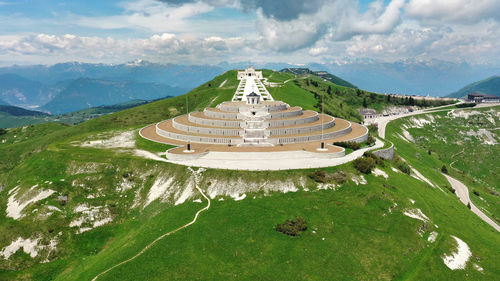 High angle view of temple against cloudy sky