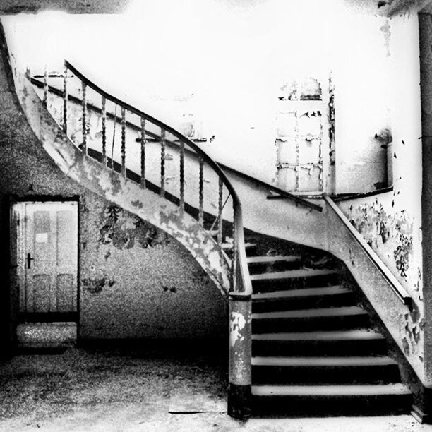 built structure, architecture, railing, metal, building exterior, steps, wall - building feature, staircase, old, steps and staircases, day, outdoors, no people, metallic, wall, weathered, abandoned, auto post production filter, brick wall, low angle view