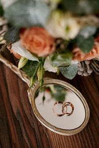 High angle view of rose on table