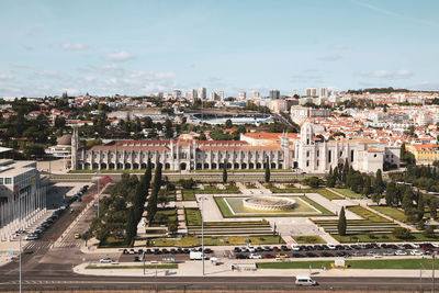 High angle view of street amidst buildings in city