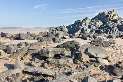 Rocks on shore by sea against sky