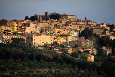 Houses in town against clear sky