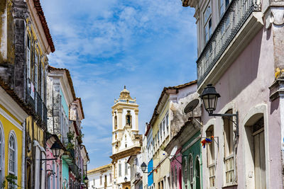 Old houses with colorful facades and historic baroque church tower in pelourinho in salvador bahia