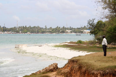 Rear view of man on beach against sky