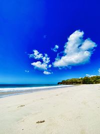 Scenic view of beach against blue sky