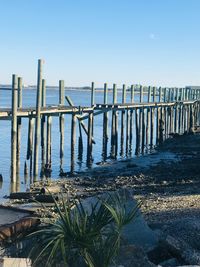 Wooden posts on beach against clear sky