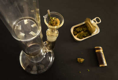 High angle view of glasses on table
