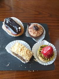 High angle view of cupcakes on table