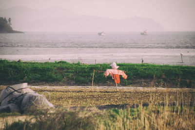 Scarecrow on grassy field against sea