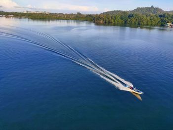 High angle view of boats in lake