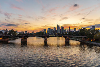 Bridge over river with buildings in background at sunset