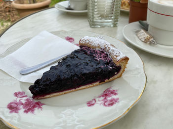 High angle view of cake in plate on table