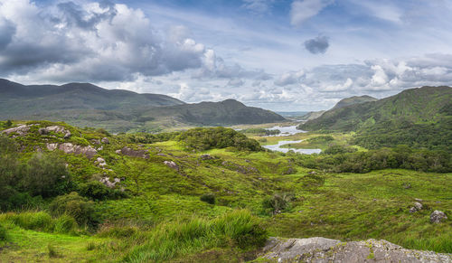 Panorama with irish iconic viewpoint, ladies view and lakes of killarney, rink of kerry, ireland