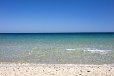 Scenic view of sea against clear blue sky