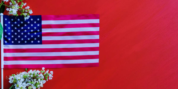 Close-up of red flag against blue wall