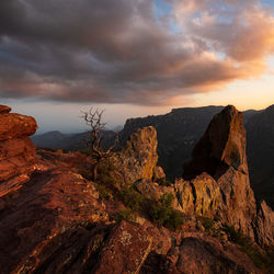 Rock formations against sky during sunset