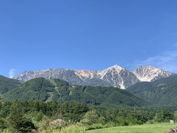 Scenic view of mountains against clear blue sky