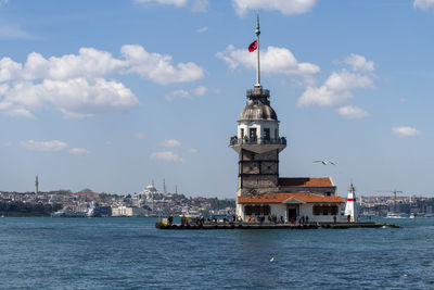 Sailboat by sea against sky in city