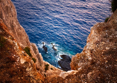 High angle view of rock formation by sea