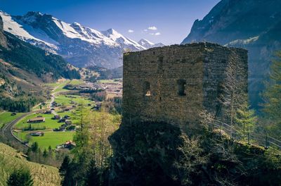 View of old ruin against mountains