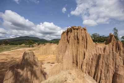 Rock formations on landscape against sky