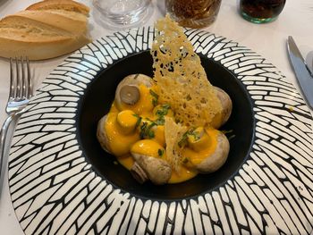 High angle view of breakfast served on table