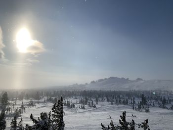 Scenic view of snow covered field against sky