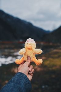 Hand holding toy against sky