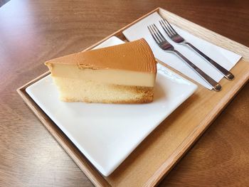 High angle view of cake in plate on table