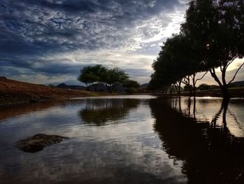 Scenic view of lake against sky at sunset