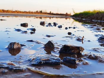 Close-up of rocks in water against sky