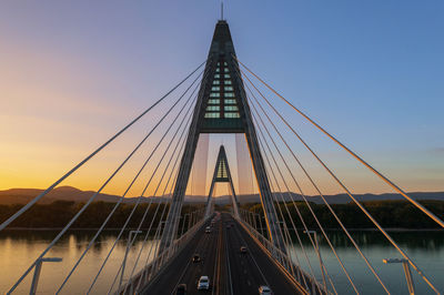 Budapest, hungary - aerial close up view about the famous megyeri bridge at sunset