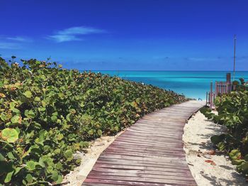 Walkway by sea against blue sky