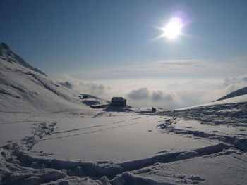 Scenic view of snow covered mountains against sky