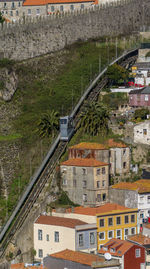 High angle view of street and buildings in town