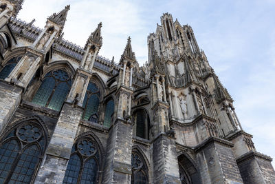 Low angle view at a part of cathedral notre dame in reims, france