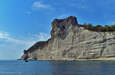 Rock formation in sea against sky