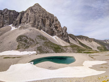 Panoramic view of lago di pilato at the summit of vettore mountain in the npark of monti sibillini