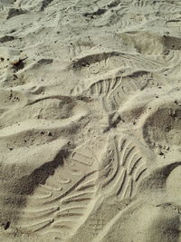 High angle view of footprints on sand