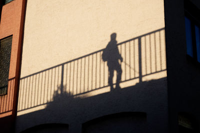 Silhouette man walking on railing against wall